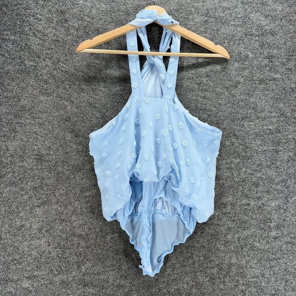 Lulus Bodysuit Women M Medium Blue Polka Dot Embroidered Sleeveless Halter Neck - Picture 2 of 5